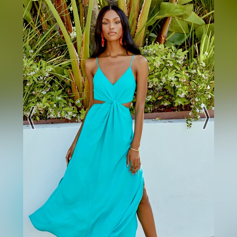 Giverny Twist Front Cutout Maxi Dress with Tie Back (XS) -Turqouise
